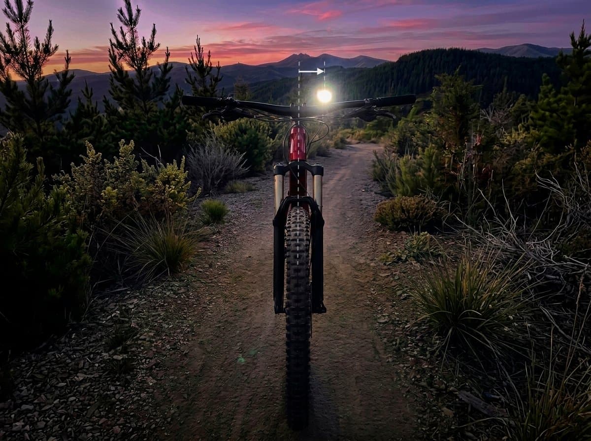 Front view of mountain bike at dusk — annotated lines show front light displaced off the center axis