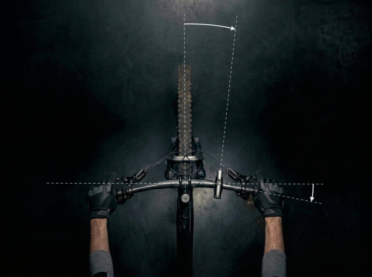 Rider point-of-view — dashed lines and arrows show front light displaced and misaligned from the center axis on handlebar turns