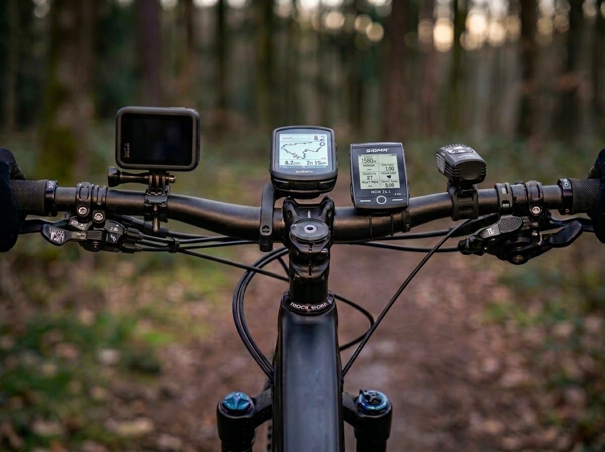 Bike cockpit packed with GPS computer, action camera and accessories — no space left for front light