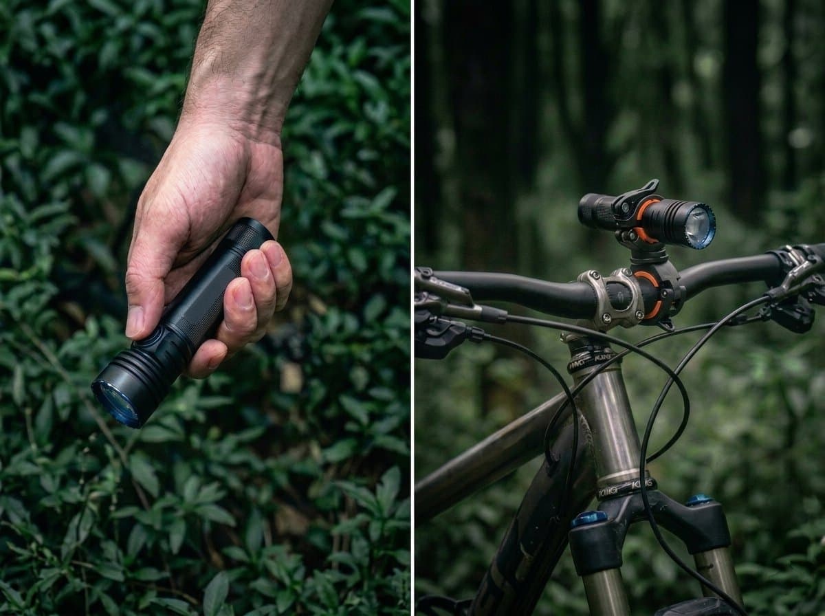 Flashlight strapped to handlebar — the improvised solution that lost the optimal light position