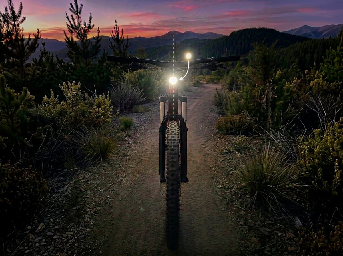 Same bike with two front lights at dusk — annotated lines show the lower centered light is aligned on the correct axis